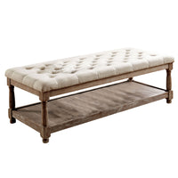 Button Tufted Fabric Upholstered Bench with Bottom Shelf in Beige and Brown - BM208033