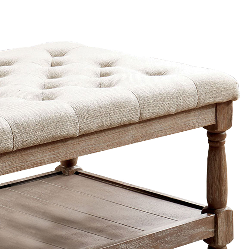 Button Tufted Fabric Upholstered Bench with Bottom Shelf in Beige and Brown - BM208033