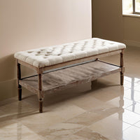 Button Tufted Fabric Upholstered Bench with Bottom Shelf in Beige and Brown - BM208033