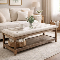 Button Tufted Fabric Upholstered Bench with Bottom Shelf in Beige and Brown - BM208033
