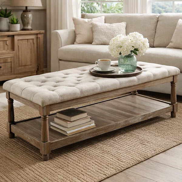 Button Tufted Fabric Upholstered Bench with Bottom Shelf in Beige and Brown - BM208033
