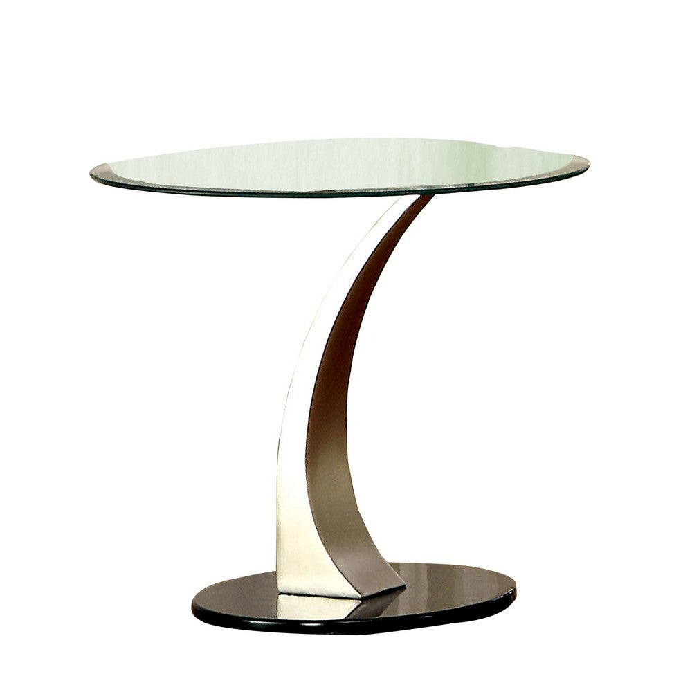 Round Glass Top End Table with Curved Pedestal Base, Black and Silver - BM208057