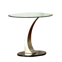 Round Glass Top End Table with Curved Pedestal Base, Black and Silver - BM208057