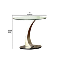 Round Glass Top End Table with Curved Pedestal Base, Black and Silver - BM208057