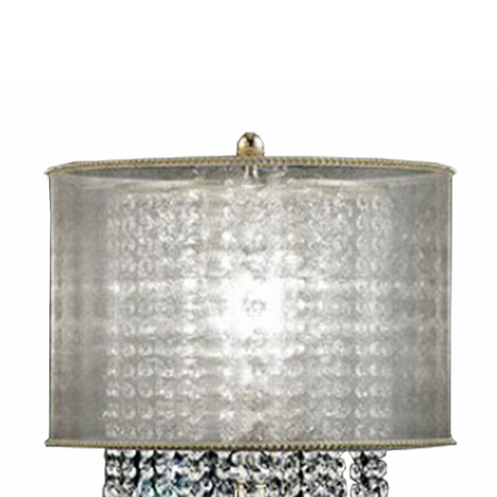 Table Lamp with Hanging Crystal Droplets and White Drum Shade, Gold - BM208061
