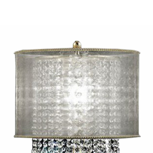 Table Lamp with Hanging Crystal Droplets and White Drum Shade, Gold - BM208061