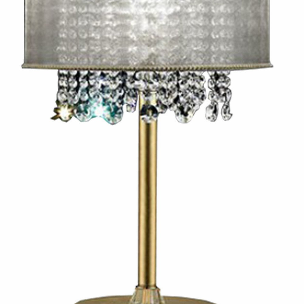 Table Lamp with Hanging Crystal Droplets and White Drum Shade, Gold - BM208061