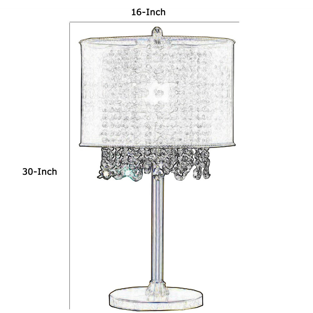 Table Lamp with Hanging Crystal Droplets and White Drum Shade, Gold - BM208061