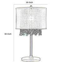 Table Lamp with Hanging Crystal Droplets and White Drum Shade, Gold - BM208061