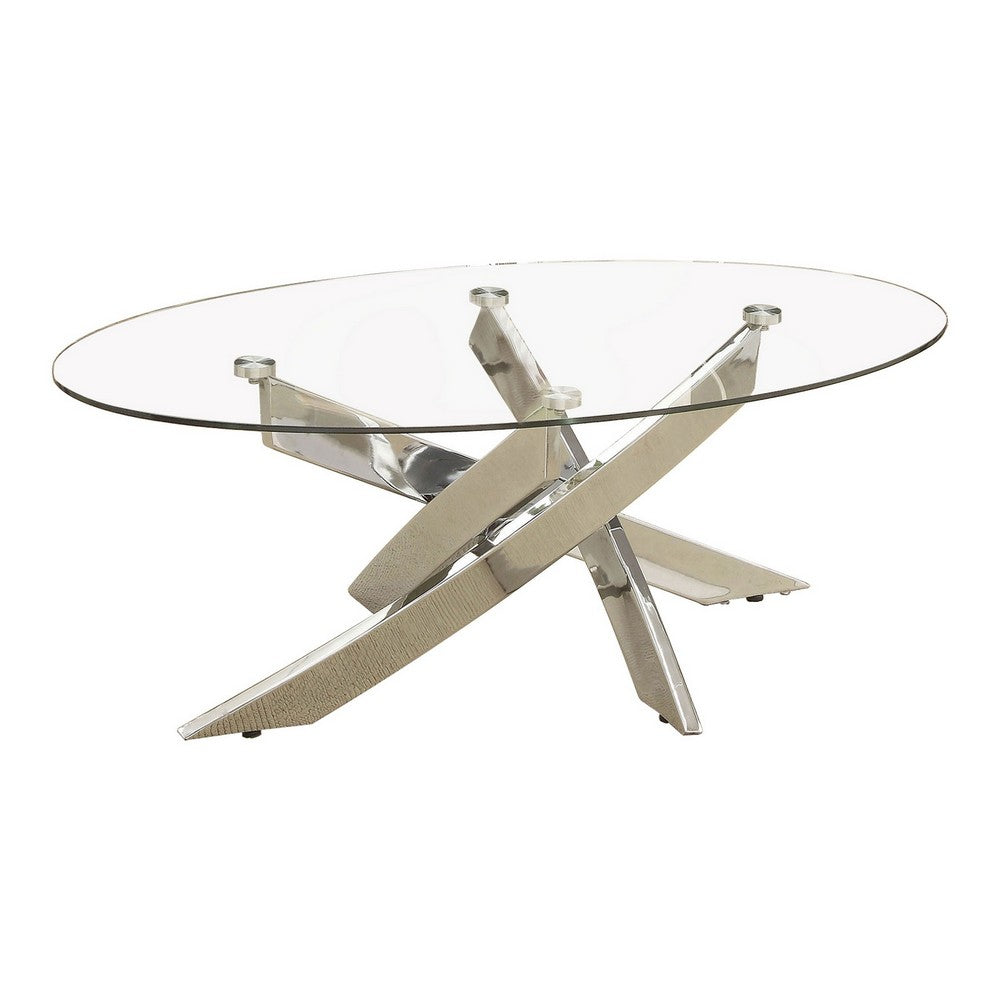 Oval Shape Glass Top Coffee Table with Criss Cross Base, Silver and Clear - BM208078