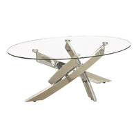 Oval Shape Glass Top Coffee Table with Criss Cross Base, Silver and Clear - BM208078
