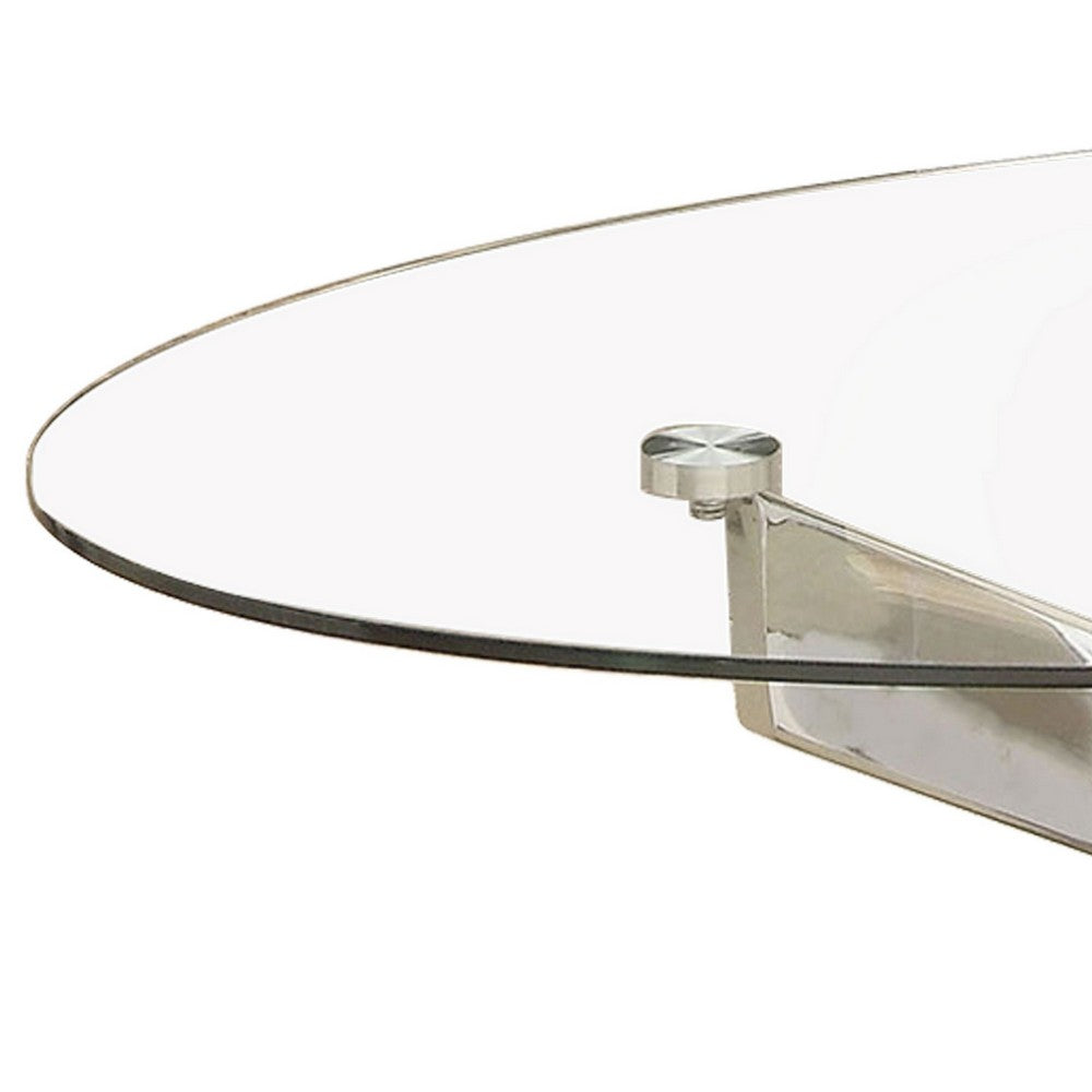 Oval Shape Glass Top Coffee Table with Criss Cross Base, Silver and Clear - BM208078