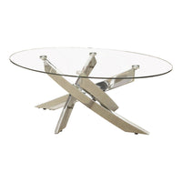 Oval Shape Glass Top Coffee Table with Criss Cross Base, Silver and Clear - BM208078