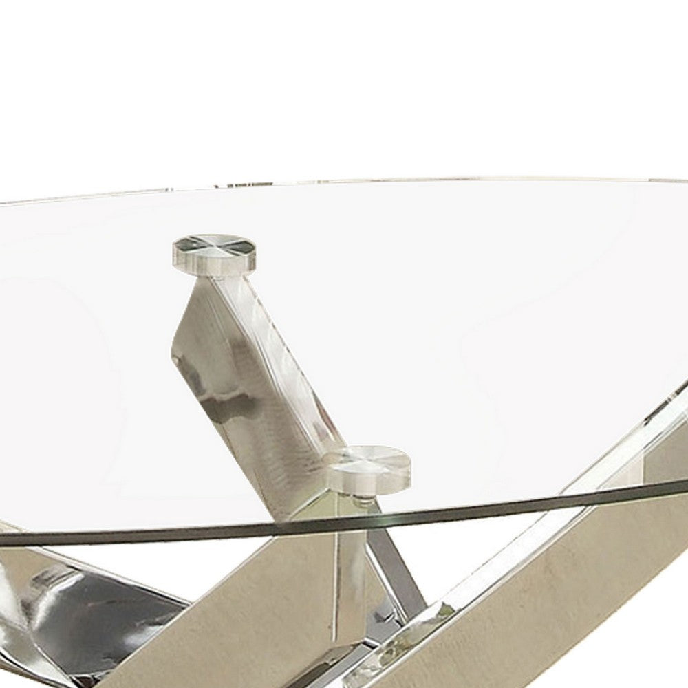 Oval Shape Glass Top Coffee Table with Criss Cross Base, Silver and Clear - BM208078