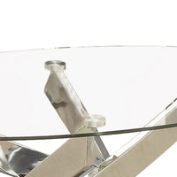 Oval Shape Glass Top Coffee Table with Criss Cross Base, Silver and Clear - BM208078