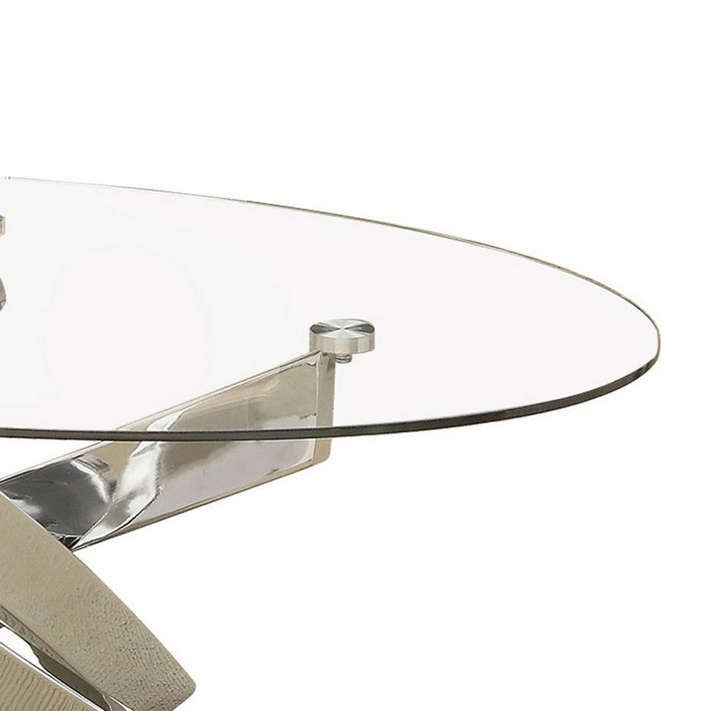 Oval Shape Glass Top Coffee Table with Criss Cross Base, Silver and Clear - BM208078