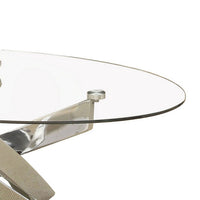 Oval Shape Glass Top Coffee Table with Criss Cross Base, Silver and Clear - BM208078