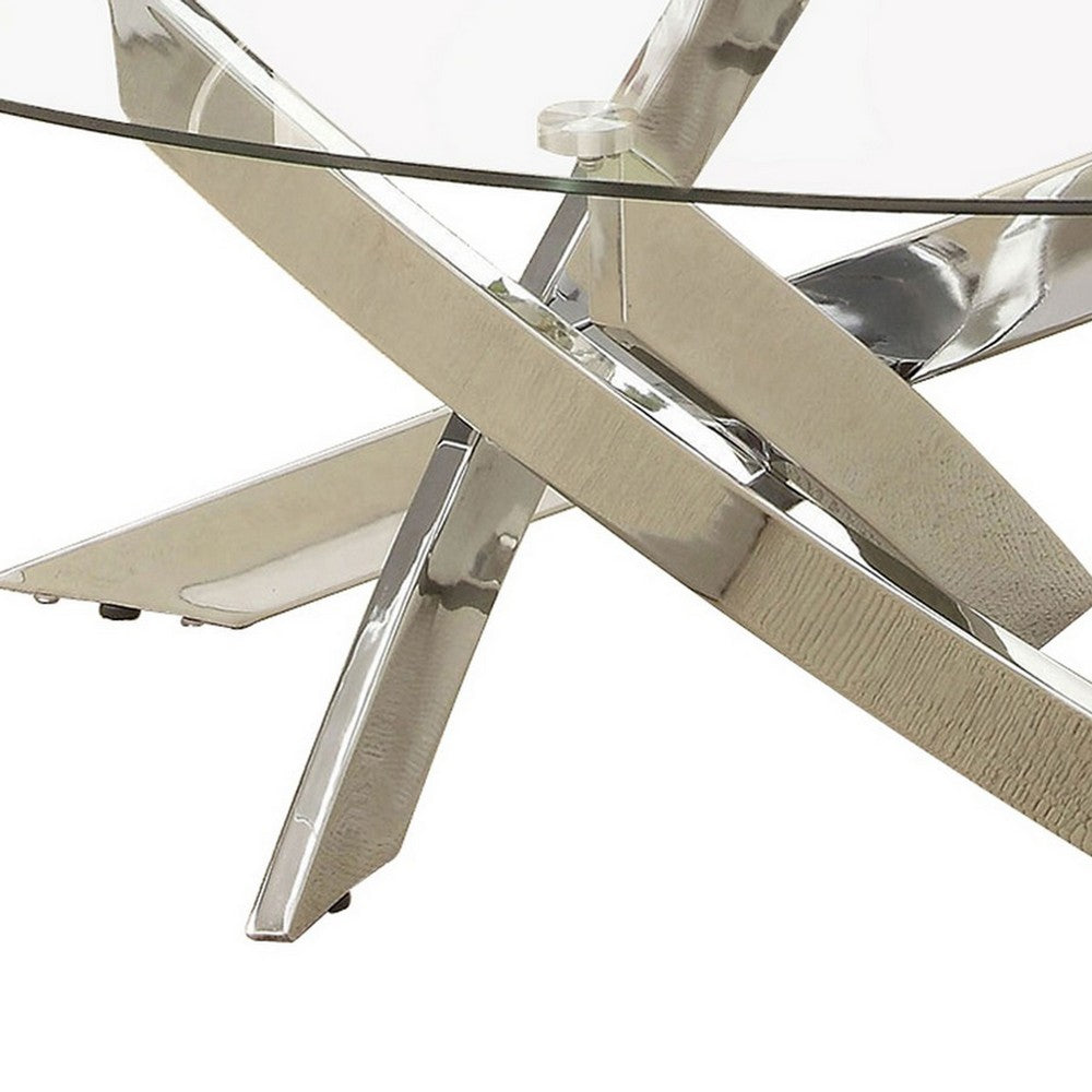 Oval Shape Glass Top Coffee Table with Criss Cross Base, Silver and Clear - BM208078