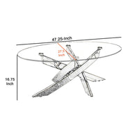 Oval Shape Glass Top Coffee Table with Criss Cross Base, Silver and Clear - BM208078