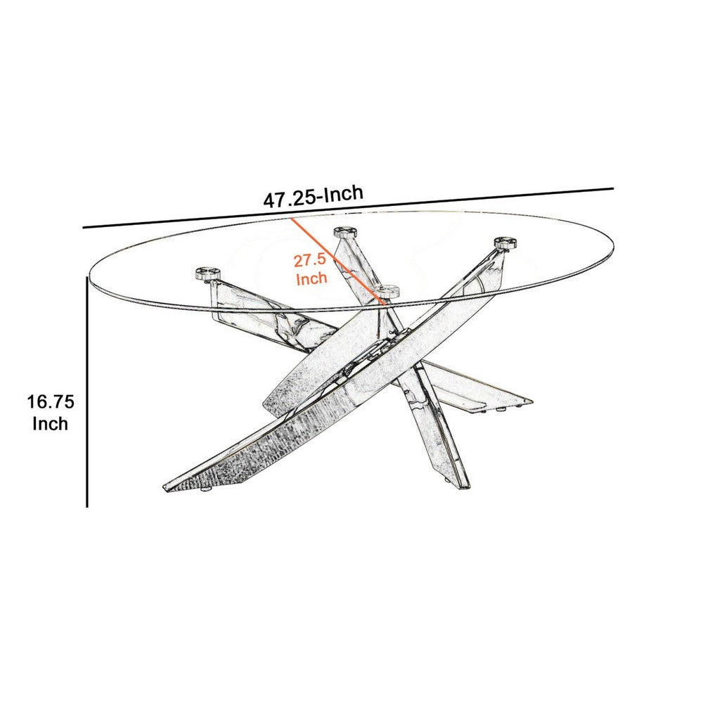 Oval Shape Glass Top Coffee Table with Criss Cross Base, Silver and Clear - BM208078