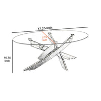 Oval Shape Glass Top Coffee Table with Criss Cross Base, Silver and Clear - BM208078