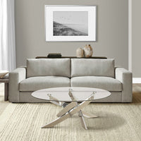 Oval Shape Glass Top Coffee Table with Criss Cross Base, Silver and Clear - BM208078