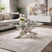 Oval Shape Glass Top Coffee Table with Criss Cross Base, Silver and Clear - BM208078