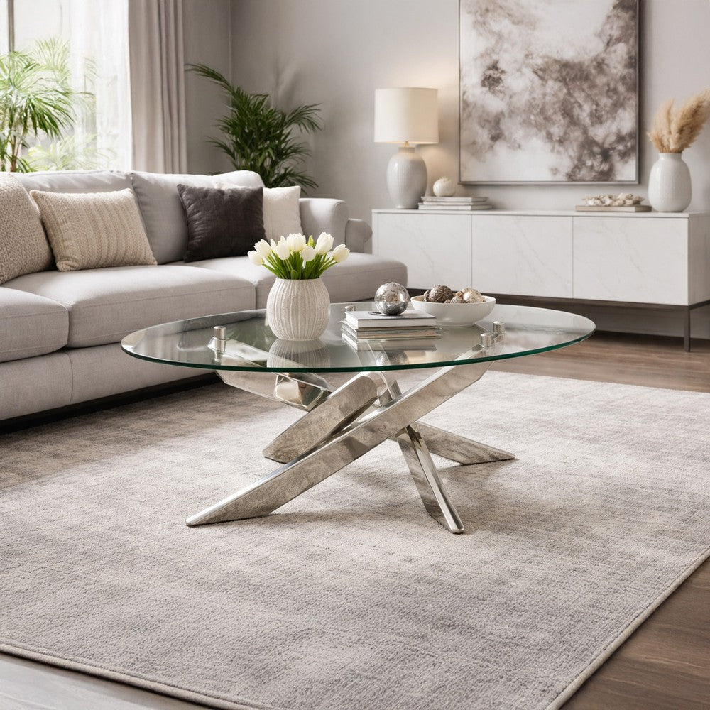 Oval Shape Glass Top Coffee Table with Criss Cross Base, Silver and Clear - BM208078