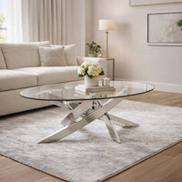 Oval Shape Glass Top Coffee Table with Criss Cross Base, Silver and Clear - BM208078