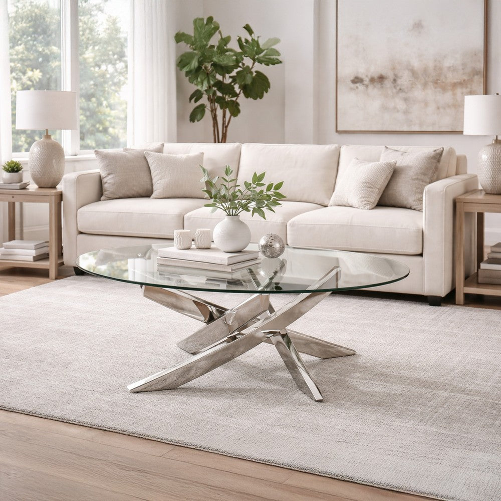 Oval Shape Glass Top Coffee Table with Criss Cross Base, Silver and Clear - BM208078