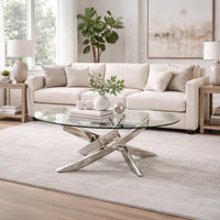 Oval Shape Glass Top Coffee Table with Criss Cross Base, Silver and Clear - BM208078