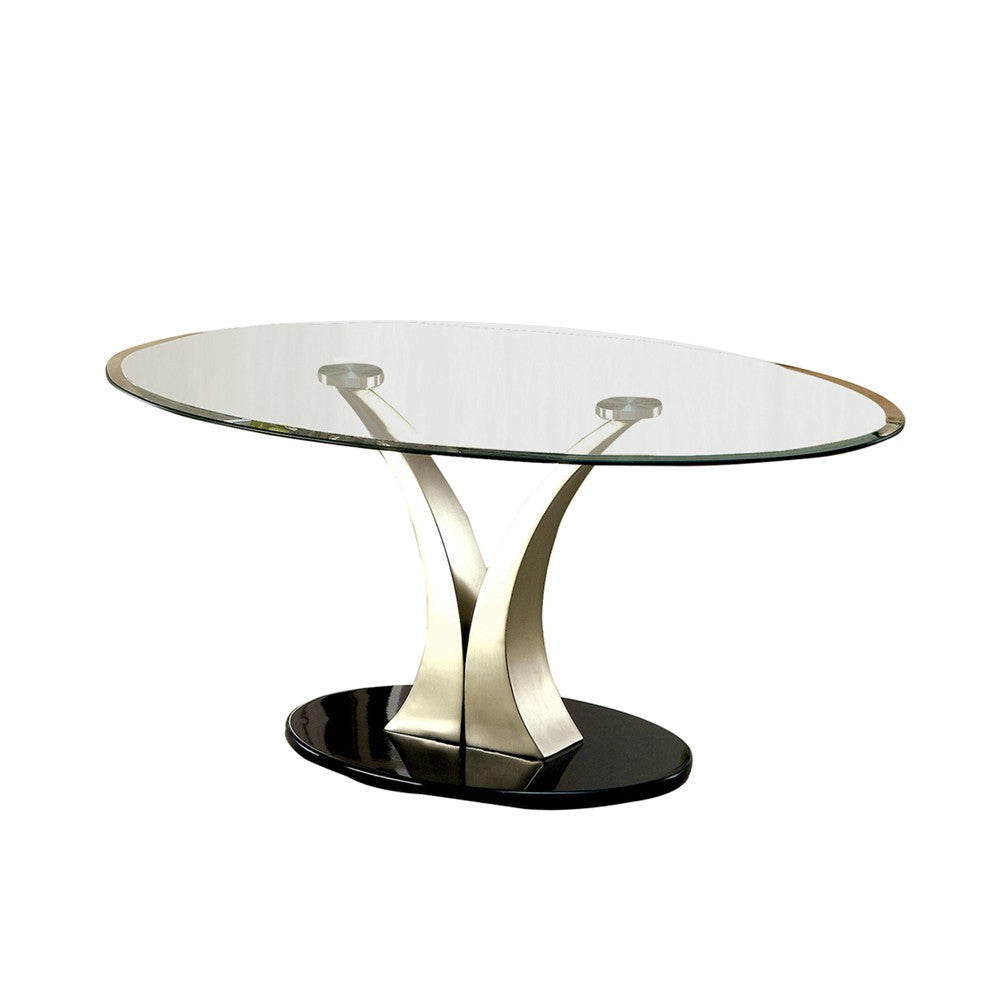 Contemporary Oval Glass Top Coffee Table with Flared Base, Silver and Black - BM208084