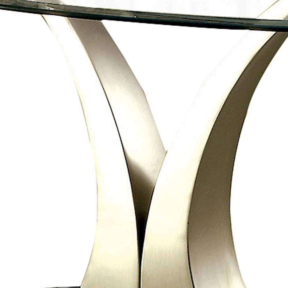 Contemporary Oval Glass Top Coffee Table with Flared Base, Silver and Black - BM208084