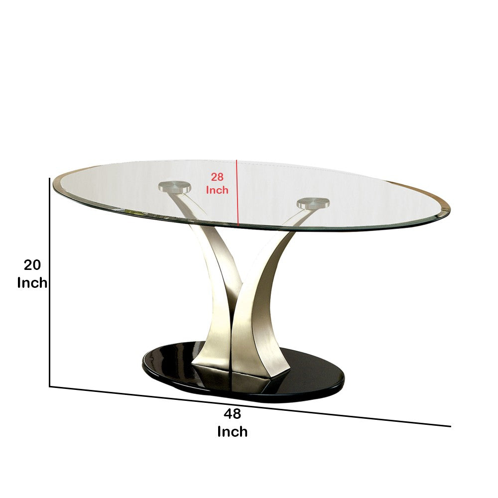 Contemporary Oval Glass Top Coffee Table with Flared Base, Silver and Black - BM208084