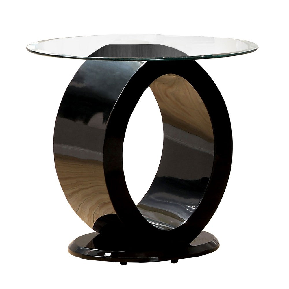 Contemporary Tempered Glass Top End Table with O Shape Base, Black - BM208087