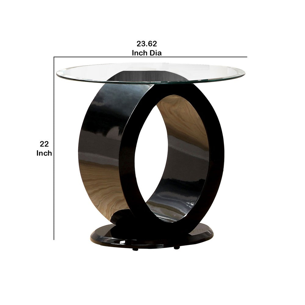 Contemporary Tempered Glass Top End Table with O Shape Base, Black - BM208087