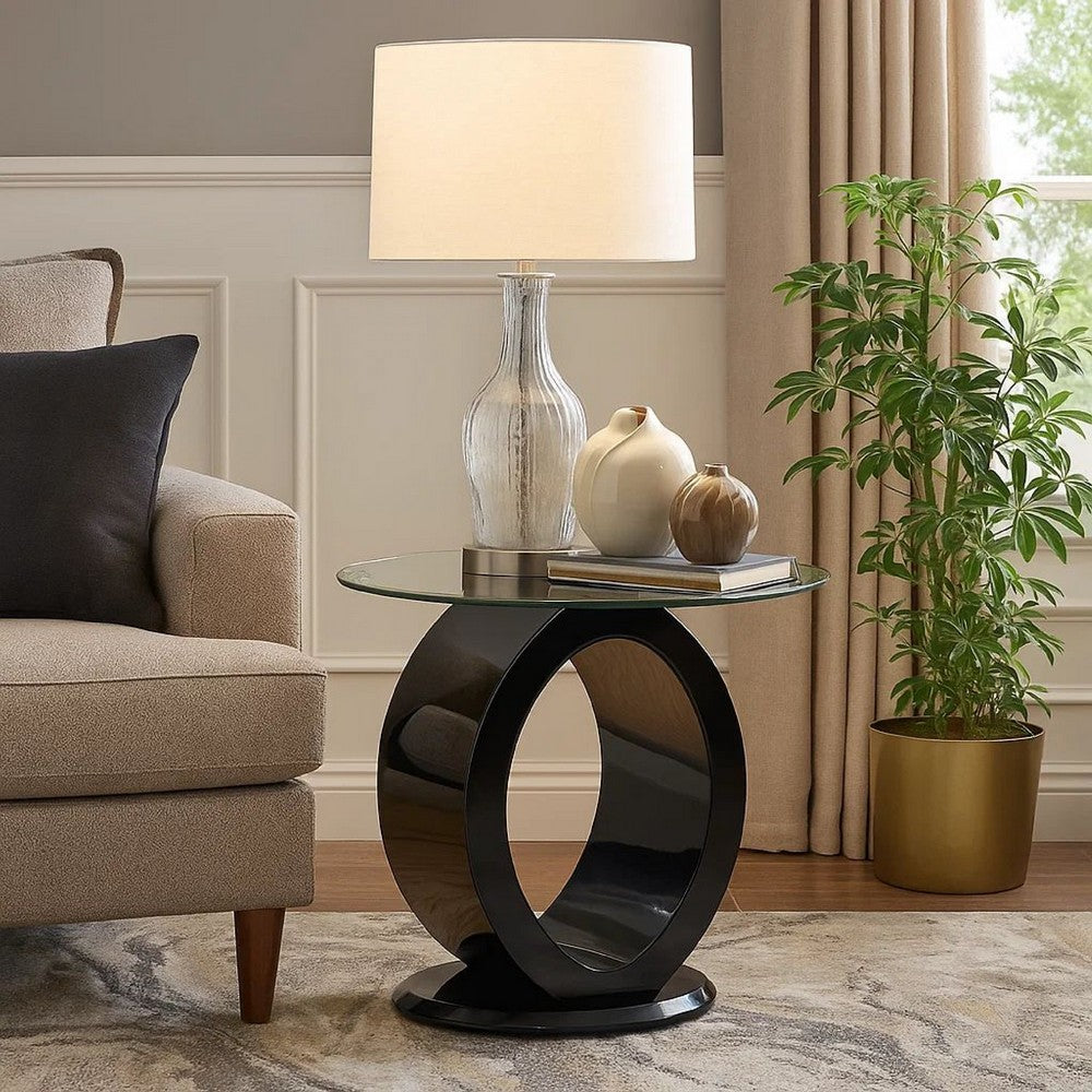 Contemporary Tempered Glass Top End Table with O Shape Base, Black - BM208087