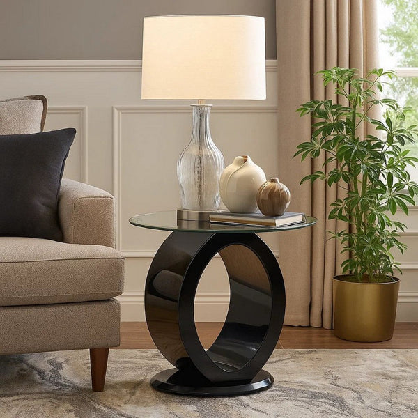 Contemporary Tempered Glass Top End Table with O Shape Base, Black - BM208087