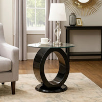 Contemporary Tempered Glass Top End Table with O Shape Base, Black - BM208087