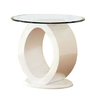 Contemporary Tempered Glass Top End Table with O Shape Base, White - BM208088