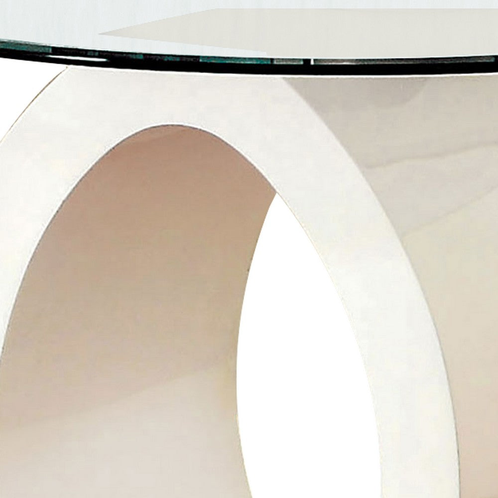 Contemporary Tempered Glass Top End Table with O Shape Base, White - BM208088