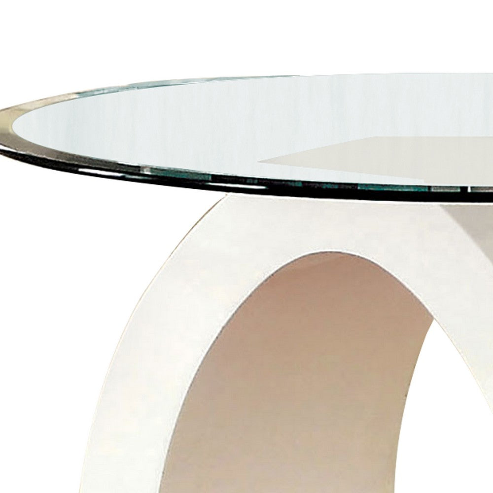 Contemporary Tempered Glass Top End Table with O Shape Base, White - BM208088