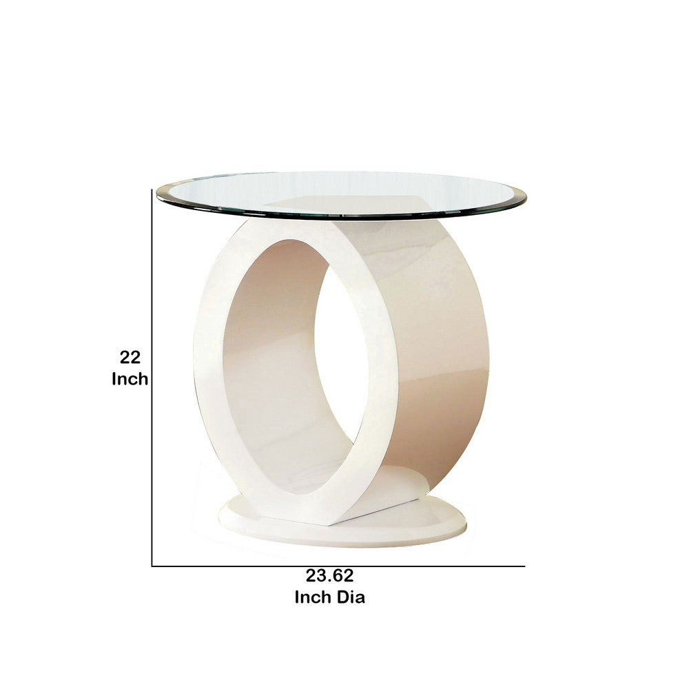 Contemporary Tempered Glass Top End Table with O Shape Base, White - BM208088