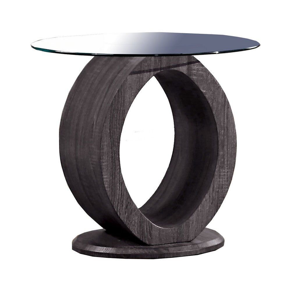Tempered Glass Top End Table with O Shape Wooden Shape Base, Gray - BM208094