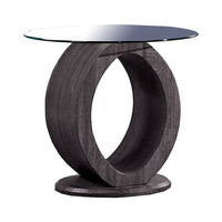 Tempered Glass Top End Table with O Shape Wooden Shape Base, Gray - BM208094