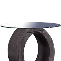 Tempered Glass Top End Table with O Shape Wooden Shape Base, Gray - BM208094