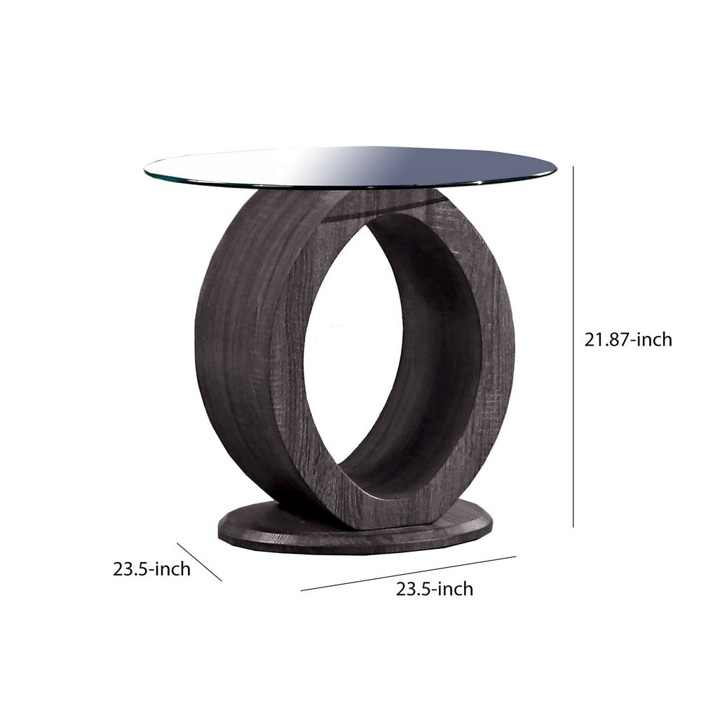 Tempered Glass Top End Table with O Shape Wooden Shape Base, Gray - BM208094