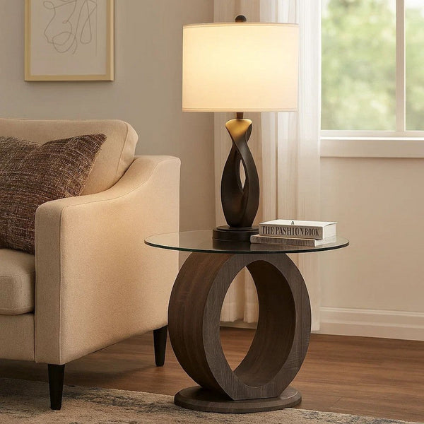 Tempered Glass Top End Table with O Shape Wooden Shape Base, Gray - BM208094
