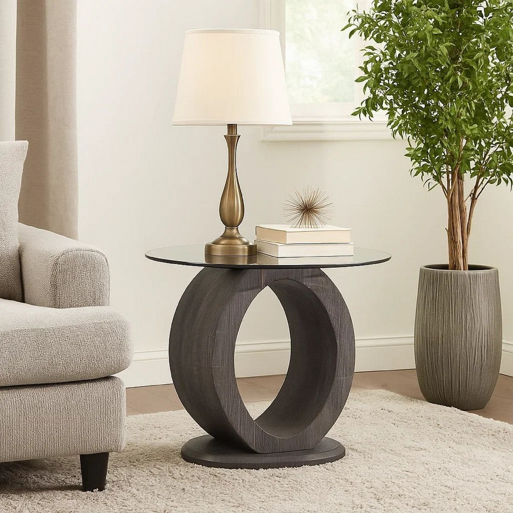 Tempered Glass Top End Table with O Shape Wooden Shape Base, Gray - BM208094