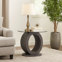 Tempered Glass Top End Table with O Shape Wooden Shape Base, Gray - BM208094